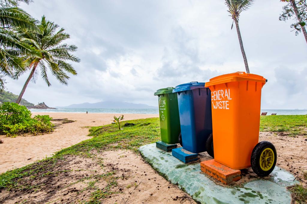 recycling bins on the beach 